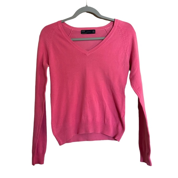 Zara Women’s Pink V Neck Long Sleeve Lightweight Fitted Sweater Size Small - Picture 1 of 6